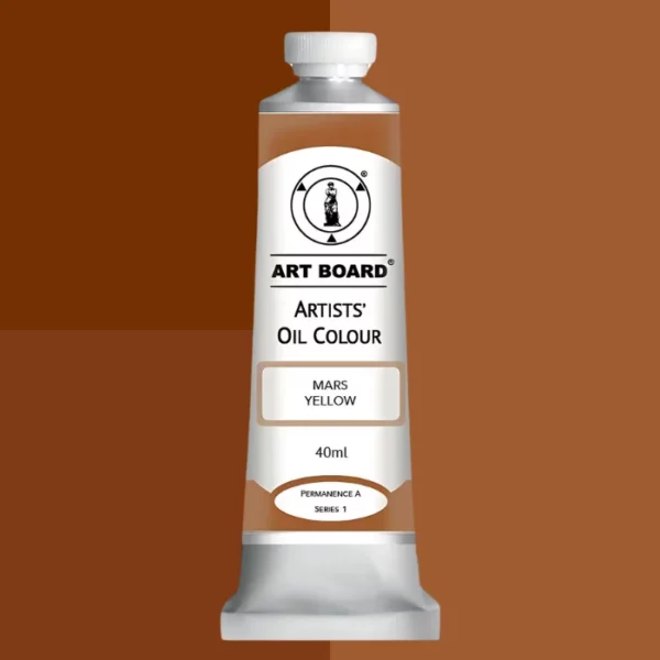 A tube of Mars Yellow Artboard Oil Paint 40ml is shown standing vertically in the center of the frame. The tube is silver and has a label around the body of the tube. Parts of the label are coloured, to denote the colour of the paint inside the tube. The artboard logo and name are printed at the top of the label and the colour and product details are printed below. The tube has a white plastic, screw on lid. Different shades of the paint colour are shown in the background in blocks, behind the tube.