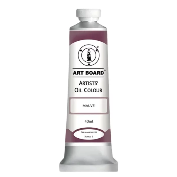 A tube of Mauve Artboard Oil Paint 40ml is shown standing vertically in the center of the frame. The tube is silver and has a label around the body of the tube. Parts of the label are coloured, to denote the colour of the paint inside the tube. The artboard logo and name are printed at the top of the label and the colour and product details are printed below. The tube has a white plastic, screw on lid. On a white background.