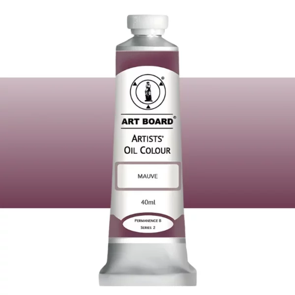 A tube of Mauve Artboard Oil Paint 40ml is shown standing vertically in the center of the frame. The tube is silver and has a label around the body of the tube. Parts of the label are coloured, to denote the colour of the paint inside the tube. The artboard logo and name are printed at the top of the label and the colour and product details are printed below. The tube has a white plastic, screw on lid. A graded horizontal rectangle is seen in the background, this denotes the colour of the paint inside the tube. On a white background.