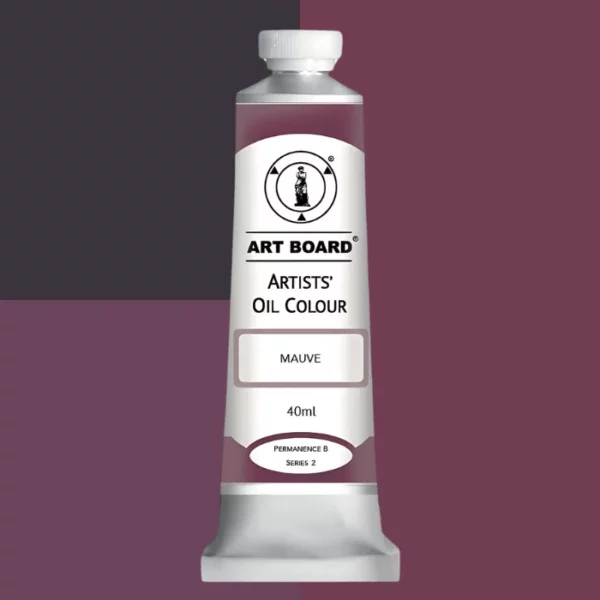 A tube of Mauve Artboard Oil Paint 40ml is shown standing vertically in the center of the frame. The tube is silver and has a label around the body of the tube. Parts of the label are coloured, to denote the colour of the paint inside the tube. The artboard logo and name are printed at the top of the label and the colour and product details are printed below. The tube has a white plastic, screw on lid. Different shades of the paint colour are shown in the background in blocks, behind the tube.