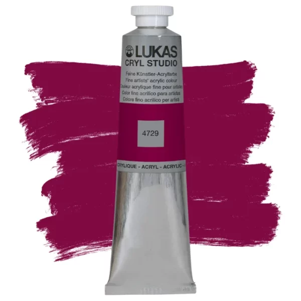 A single tube of Mauve Lukas Cryl STUDIO Acrylics 75ml is shown in the center of the frame, standing vertically. The tube is silver and has a colour band around the body of the tube that denotes the colour of the paint inside. The Lukas name and logo is printed at the top of the tube and there is black text below the logo that describes the paint. The tube has a white plastic, screw on lid. There is a paint swatch in the background that indicates the colour of the paint inside the tube. The image is center of the frame and on a white background.