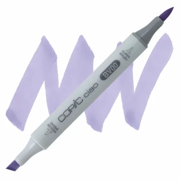 in the center of the image is a single copic marker that is sitting diagonally across the image. from left to right. it has a grey body and both caps are off showing the two different nibs, one brush at the top and the chisel tip at the bottom. it is sitting infront of a squiggle of the same colour as the marker on a white background