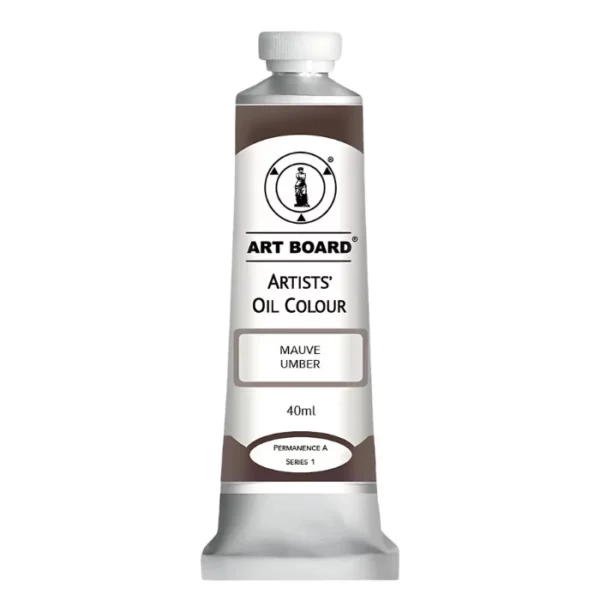 A tube of Mauve Umber Artboard Oil Paint 40ml is shown standing vertically in the center of the frame. The tube is silver and has a label around the body of the tube. Parts of the label are coloured, to denote the colour of the paint inside the tube. The artboard logo and name are printed at the top of the label and the colour and product details are printed below. The tube has a white plastic, screw on lid. On a white background.