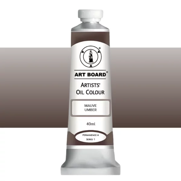 A tube of Mauve Umber Artboard Oil Paint 40ml is shown standing vertically in the center of the frame. The tube is silver and has a label around the body of the tube. Parts of the label are coloured, to denote the colour of the paint inside the tube. The artboard logo and name are printed at the top of the label and the colour and product details are printed below. The tube has a white plastic, screw on lid. A graded horizontal rectangle is seen in the background, this denotes the colour of the paint inside the tube. On a white background.