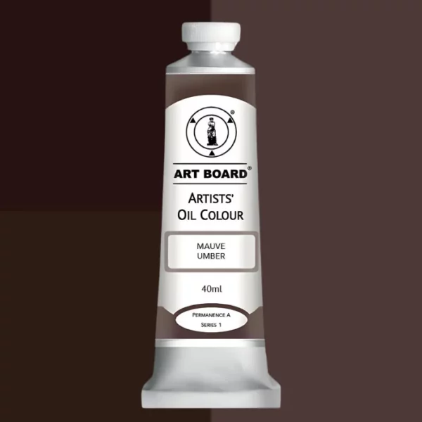 A tube of Mauve Umber Artboard Oil Paint 40ml is shown standing vertically in the center of the frame. The tube is silver and has a label around the body of the tube. Parts of the label are coloured, to denote the colour of the paint inside the tube. The artboard logo and name are printed at the top of the label and the colour and product details are printed below. The tube has a white plastic, screw on lid. Different shades of the paint colour are shown in the background in blocks, behind the tube.