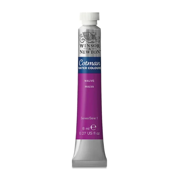 A single Mauve Winsor and Newton Cotman Watercolour 8ml Tube is shown vertically in the center of the frame. The tube is silver and the Winsor and Newton logo is printed at the top of the tube. There is a blue band below the logo and the words 'Cotman Watercolour' are printed on the blue band in white. Then there is a large colour band around the base of the tube that denotes the colour of the paint. The tube colour and paint properties are indicated on this colour band in black text. The tube has a white, plastic screw on cap. The image is center of the frame and on a white background.