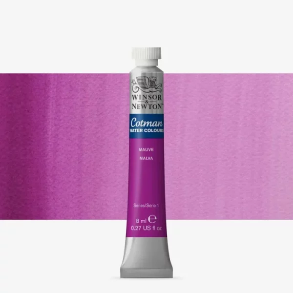 A single Mauve Winsor and Newton Cotman Watercolour 8ml Tube is shown vertically in the center of the frame. The tube is silver and the Winsor and Newton logo is printed at the top of the tube. There is a blue band below the logo and the words 'Cotman Watercolour' are printed on the blue band in white. Then there is a large colour band around the base of the tube that denotes the colour of the paint. The tube colour and paint properties are indicated on this colour band in black text. The tube has a white, plastic screw on cap. There is a rectangular colour swatch behind the tube that shows how the colour works on a gradient scale. The entire image is center of the frame and on a white background.