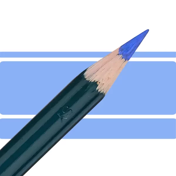 a derwent artists coloured pencil is seen in a close up ciming in from the left habd corner of the image. the tip is facing the right hand side top of the image. in a horizontal line. it has a green hamdle and a wooden end with the coloured tip. there are three horizontal stripes behind it that are the same colour as the nib of the pencil. on a white background