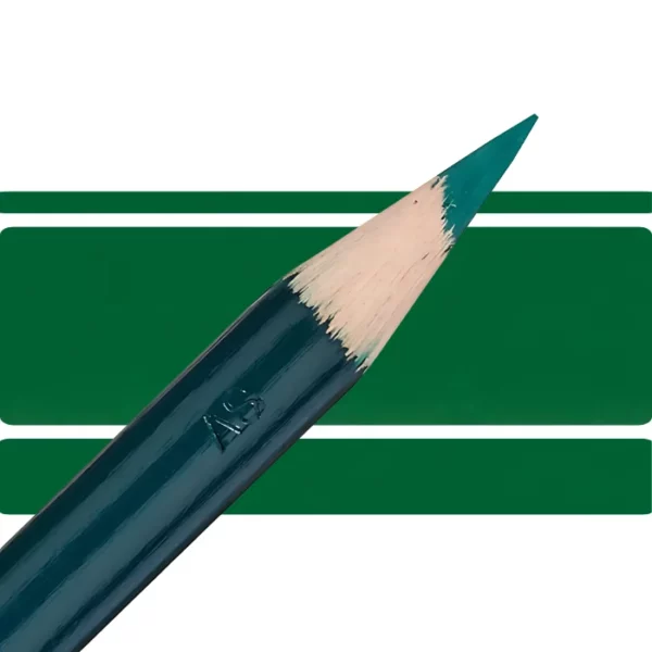 a derwent artists coloured pencil is seen in a close up ciming in from the left habd corner of the image. the tip is facing the right hand side top of the image. in a horizontal line. it has a green hamdle and a wooden end with the coloured tip. there are three horizontal stripes behind it that are the same colour as the nib of the pencil. on a white background