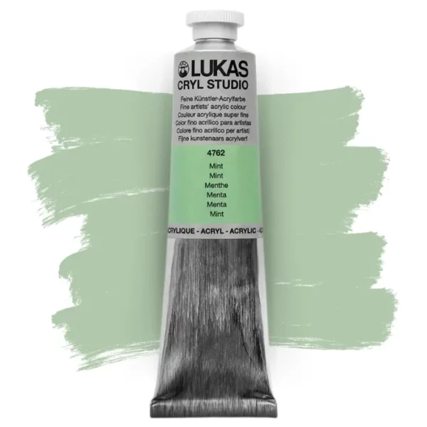 A single tube of Mint Lukas Cryl STUDIO Acrylics 75ml is shown in the center of the frame, standing vertically. The tube is silver and has a colour band around the body of the tube that denotes the colour of the paint inside. The Lukas name and logo is printed at the top of the tube and there is black text below the logo that describes the paint. The tube has a white plastic, screw on lid. There is a paint swatch in the background that indicates the colour of the paint inside the tube. The image is center of the frame and on a white background.