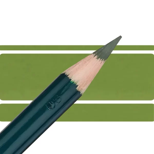 a derwent artists coloured pencil is seen in a close up ciming in from the left habd corner of the image. the tip is facing the right hand side top of the image. in a horizontal line. it has a green hamdle and a wooden end with the coloured tip. there are three horizontal stripes behind it that are the same colour as the nib of the pencil. on a white background