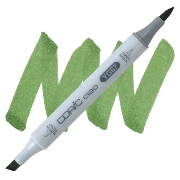 in the center of the image is a single copic marker that is sitting diagonally across the image. from left to right. it has a grey body and both caps are off showing the two different nibs, one brush at the top and the chisel tip at the bottom. it is sitting infront of a squiggle of the same colour as the marker on a white background