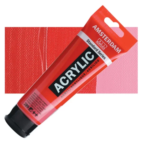 A single tube of Naphthol Red Deep Amsterdam Acrylic Paint 120ml is shown diagonally across the center of the frame. The tube is made of a clear plastic and has a red band at the end of the tube with a hole so it can hang. The tube has a black, plastic flip top cap, that the bottle stands on. There is black text on the body of the tube describing the product colour and details. The colour of the paint can be seen through the tube. There is a rectangular colour swatch of the paint, behind the tube. The swatch shows the colour in different gradient's. The image is center of the frame and on a white background.