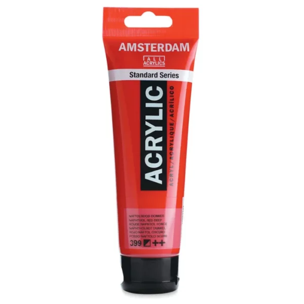 A single tube of Naphthol Red Deep Amsterdam Acrylic Paint 120ml is standing vertically in the center of the frame. The tube is made of a clear plastic and has a red band at the end of the tube with a hole so it can hang. The tube has a black, plastic flip top cap, that the bottle stands on. There is black text on the body of the tube describing the product colour and details. The colour of the paint can be seen through the tube. On a white background.