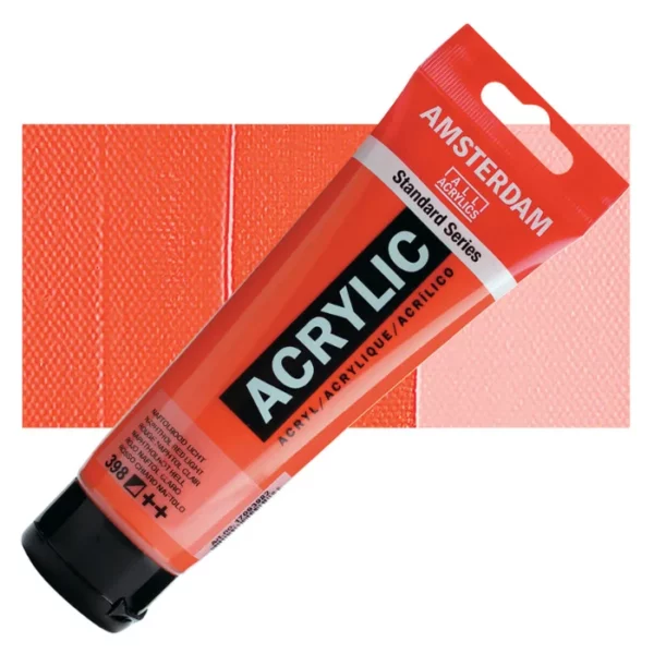 A single tube of Naphthol Red Light Amsterdam Acrylic Paint 120ml is shown diagonally across the center of the frame. The tube is made of a clear plastic and has a red band at the end of the tube with a hole so it can hang. The tube has a black, plastic flip top cap, that the bottle stands on. There is black text on the body of the tube describing the product colour and details. The colour of the paint can be seen through the tube. There is a rectangular colour swatch of the paint, behind the tube. The swatch shows the colour in different gradient's. The image is center of the frame and on a white background.