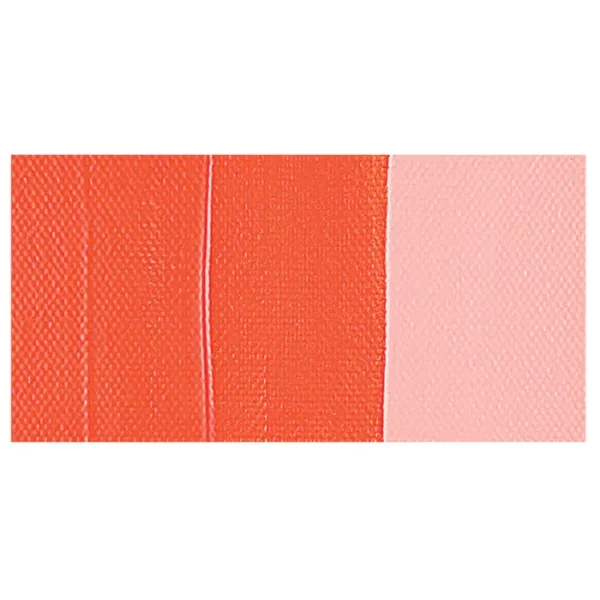 A colour swatch of a tube of Naphthol Red Light Amsterdam Acrylic Paint. The swatch is on a horizontal rectangle across the center of the frame. The swatch shows the colour in different gradient's. On a white background.