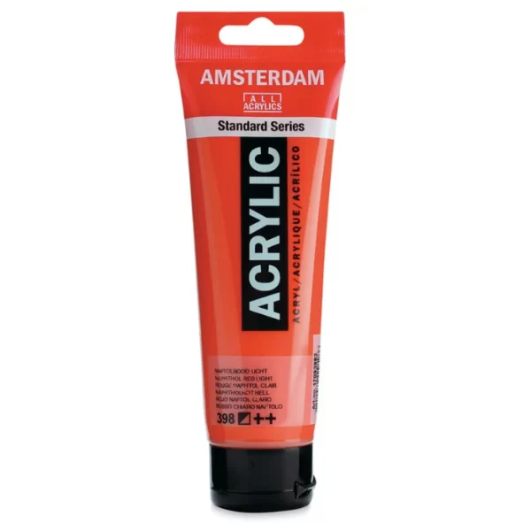 A single tube of Naphthol Red Light Amsterdam Acrylic Paint 120ml is standing vertically in the center of the frame. The tube is made of a clear plastic and has a red band at the end of the tube with a hole so it can hang. The tube has a black, plastic flip top cap, that the bottle stands on. There is black text on the body of the tube describing the product colour and details. The colour of the paint can be seen through the tube. On a white background.