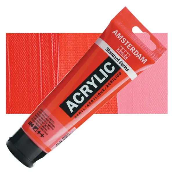 A single tube of Naphthol Red Medium Amsterdam Acrylic Paint 120ml is shown diagonally across the center of the frame. The tube is made of a clear plastic and has a red band at the end of the tube with a hole so it can hang. The tube has a black, plastic flip top cap, that the bottle stands on. There is black text on the body of the tube describing the product colour and details. The colour of the paint can be seen through the tube. There is a rectangular colour swatch of the paint, behind the tube. The swatch shows the colour in different gradient's. The image is center of the frame and on a white background.