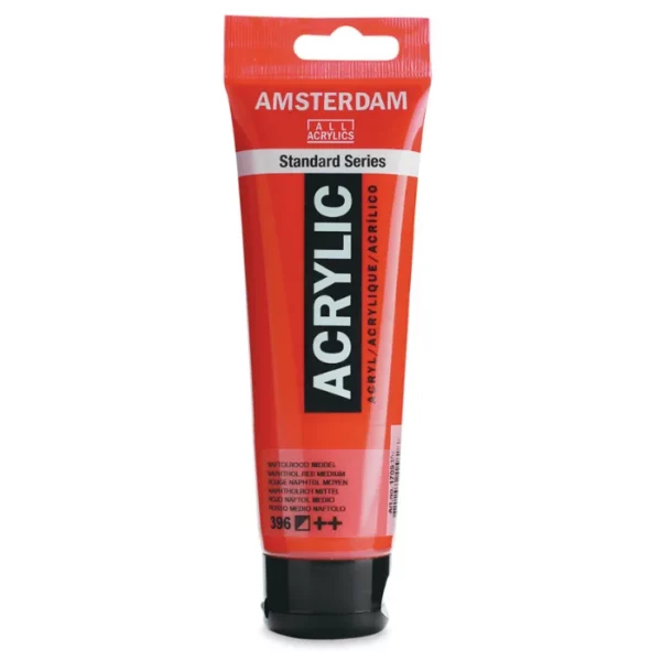 A single tube of Naphthol Red Medium Amsterdam Acrylic Paint 120ml is standing vertically in the center of the frame. The tube is made of a clear plastic and has a red band at the end of the tube with a hole so it can hang. The tube has a black, plastic flip top cap, that the bottle stands on. There is black text on the body of the tube describing the product colour and details. The colour of the paint can be seen through the tube. On a white background.