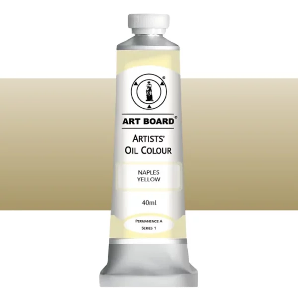 A tube of Naples Yellow Artboard Oil Paint 40ml is shown standing vertically in the center of the frame. The tube is silver and has a label around the body of the tube. Parts of the label are coloured, to denote the colour of the paint inside the tube. The artboard logo and name are printed at the top of the label and the colour and product details are printed below. The tube has a white plastic, screw on lid. A graded horizontal rectangle is seen in the background, this denotes the colour of the paint inside the tube. On a white background.