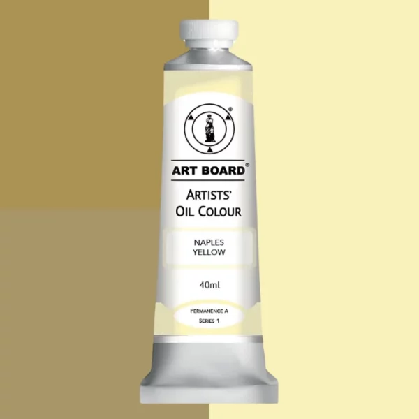 A tube of Naples Yellow Artboard Oil Paint 40ml is shown standing vertically in the center of the frame. The tube is silver and has a label around the body of the tube. Parts of the label are coloured, to denote the colour of the paint inside the tube. The artboard logo and name are printed at the top of the label and the colour and product details are printed below. The tube has a white plastic, screw on lid. Different shades of the paint colour are shown in the background in blocks, behind the tube.