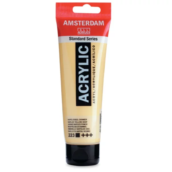 A single tube of Naples Yellow Deep Amsterdam Acrylic Paint 120ml is standing vertically in the center of the frame. The tube is made of a clear plastic and has a red band at the end of the tube with a hole so it can hang. The tube has a black, plastic flip top cap, that the bottle stands on. There is black text on the body of the tube describing the product colour and details. The colour of the paint can be seen through the tube. On a white background.