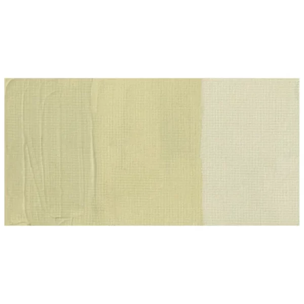 A colour swatch of a tube of Naples Yellow Green Amsterdam Acrylic Paint. The swatch is on a horizontal rectangle across the center of the frame. The swatch shows the colour in different gradient's. On a white background.