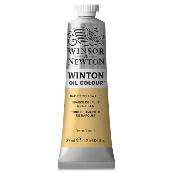 A single tube of Naples Yellow Hue Winsor and Newton Winton Oil Paint 37ml is shown in the center of the frame, standing vertically. The tube is a silver colour and has a white screw on, plastic lid. The Winsor and Newton logo is printed at the top of the tube and there is a white band across the tube, under the logo, with the words, 'Winton Oil Colour'. There is a band of colour below that which denotes the colour of the paint in the tube. There is text on this colour band, describing the colour and paint properties. The image is center of the frame and on a white background.