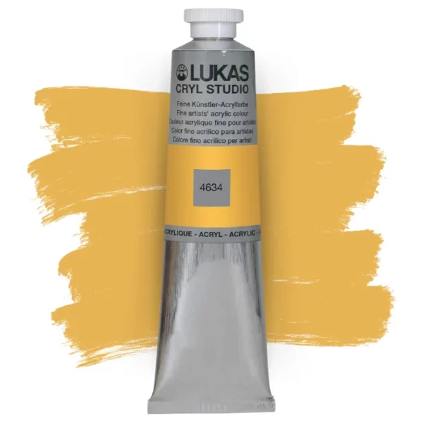 A single tube of Naples Yellow Lukas Cryl STUDIO Acrylics 75ml is shown in the center of the frame, standing vertically. The tube is silver and has a colour band around the body of the tube that denotes the colour of the paint inside. The Lukas name and logo is printed at the top of the tube and there is black text below the logo that describes the paint. The tube has a white plastic, screw on lid. There is a paint swatch in the background that indicates the colour of the paint inside the tube. The image is center of the frame and on a white background.