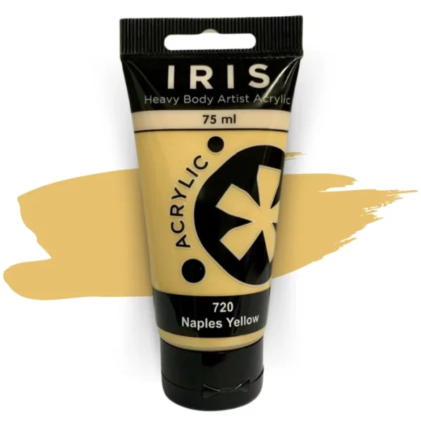 A single tube of Naples Yellow Prime Art Iris Acrylic Paint 75ml is shown in the frame. The tube is a clear plastic with a black printed band at the top of each tube that has the Prime Art Iris Logo printed on it. The tube has a black flip cap that the tube stands on. You can see the colour of the paint through the tube. On a white background.