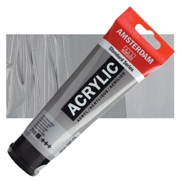 A single tube of Neutral Grey Amsterdam Acrylic Paint 120ml is shown diagonally across the center of the frame. The tube is made of a clear plastic and has a red band at the end of the tube with a hole so it can hang. The tube has a black, plastic flip top cap, that the bottle stands on. There is black text on the body of the tube describing the product colour and details. The colour of the paint can be seen through the tube. There is a rectangular colour swatch of the paint, behind the tube. The swatch shows the colour in different gradient's. The image is center of the frame and on a white background.