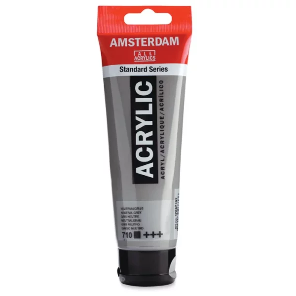 A single tube of Neutral Grey Amsterdam Acrylic Paint 120ml is standing vertically in the center of the frame. The tube is made of a clear plastic and has a red band at the end of the tube with a hole so it can hang. The tube has a black, plastic flip top cap, that the bottle stands on. There is black text on the body of the tube describing the product colour and details. The colour of the paint can be seen through the tube. On a white background.