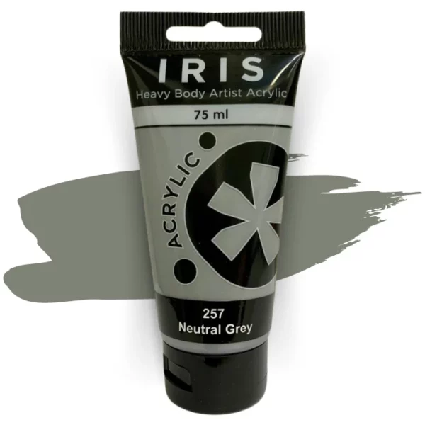 A single tube of Neutral Grey Prime Art Iris Acrylic Paint 75ml is shown in the frame. The tube is a clear plastic with a black printed band at the top of each tube that has the Prime Art Iris Logo printed on it. The tube has a black flip cap that the tube stands on. You can see the colour of the paint through the tube. On a white background.