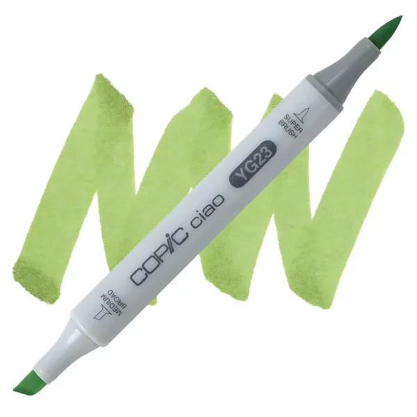 in the center of the image is a single copic marker that is sitting diagonally across the image. from left to right. it has a grey body and both caps are off showing the two different nibs, one brush at the top and the chisel tip at the bottom. it is sitting infront of a squiggle of the same colour as the marker on a white background