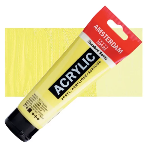 A single tube of Nickel Titanium Yellow Amsterdam Acrylic Paint 120ml is shown diagonally across the center of the frame. The tube is made of a clear plastic and has a red band at the end of the tube with a hole so it can hang. The tube has a black, plastic flip top cap, that the bottle stands on. There is black text on the body of the tube describing the product colour and details. The colour of the paint can be seen through the tube. There is a rectangular colour swatch of the paint, behind the tube. The swatch shows the colour in different gradient's. The image is center of the frame and on a white background.