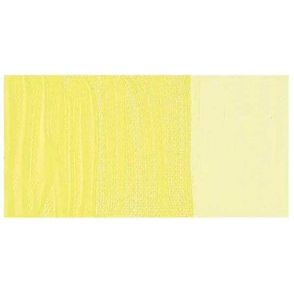 A colour swatch of a tube of Nickel Titanium Yellow Amsterdam Acrylic Paint. The swatch is on a horizontal rectangle across the center of the frame. The swatch shows the colour in different gradient's. On a white background.