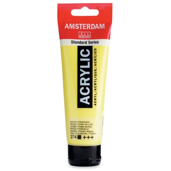 A single tube of Nickel Titanium Yellow Amsterdam Acrylic Paint 120ml is standing vertically in the center of the frame. The tube is made of a clear plastic and has a red band at the end of the tube with a hole so it can hang. The tube has a black, plastic flip top cap, that the bottle stands on. There is black text on the body of the tube describing the product colour and details. The colour of the paint can be seen through the tube. On a white background.