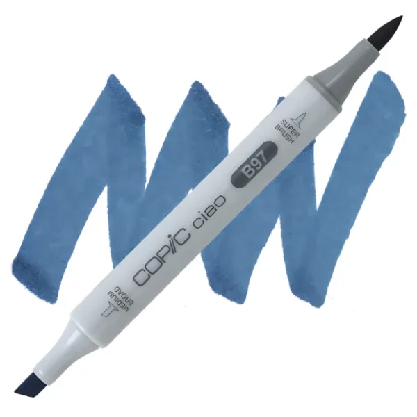 in the center of the image is a single copic marker that is sitting diagonally across the image. from left to right. it has a grey body and both caps are off showing the two different nibs, one brush at the top and the chisel tip at the bottom. it is sitting infront of a squiggle of the same colour as the marker on a white background