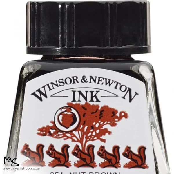 A close up of a single bottle of Nut Brown Winsor & Newton Drawing Ink. The bottom of the bottle is cut off by the frame. The bottle is clear glass so you can see the colour of the ink inside, with a black screw on plastic lid. There is a label on the front of the bottle with the brand logo.