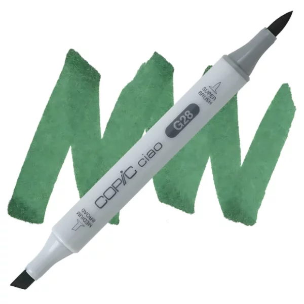 in the center of the image is a single copic marker that is sitting diagonally across the image. from left to right. it has a grey body and both caps are off showing the two different nibs, one brush at the top and the chisel tip at the bottom. it is sitting infront of a squiggle of the same colour as the marker on a white background