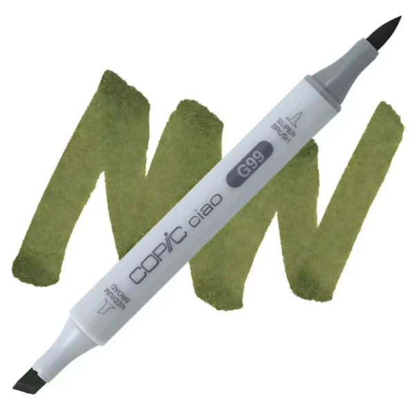 in the center of the image is a single copic marker that is sitting diagonally across the image. from left to right. it has a grey body and both caps are off showing the two different nibs, one brush at the top and the chisel tip at the bottom. it is sitting infront of a squiggle of the same colour as the marker on a white background