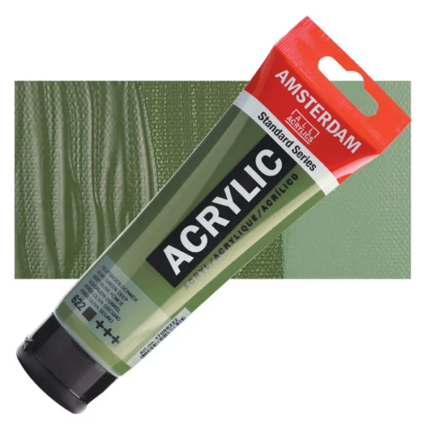 A single tube of Olive Green Deep Amsterdam Acrylic Paint 120ml is shown diagonally across the center of the frame. The tube is made of a clear plastic and has a red band at the end of the tube with a hole so it can hang. The tube has a black, plastic flip top cap, that the bottle stands on. There is black text on the body of the tube describing the product colour and details. The colour of the paint can be seen through the tube. There is a rectangular colour swatch of the paint, behind the tube. The swatch shows the colour in different gradient's. The image is center of the frame and on a white background.