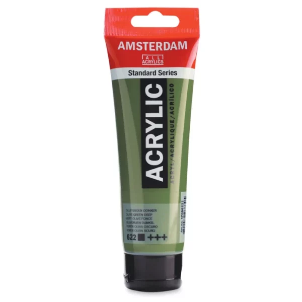 A single tube of Olive Green Deep Amsterdam Acrylic Paint 120ml is standing vertically in the center of the frame. The tube is made of a clear plastic and has a red band at the end of the tube with a hole so it can hang. The tube has a black, plastic flip top cap, that the bottle stands on. There is black text on the body of the tube describing the product colour and details. The colour of the paint can be seen through the tube. On a white background.