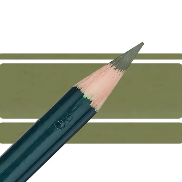 a derwent artists coloured pencil is seen in a close up ciming in from the left habd corner of the image. the tip is facing the right hand side top of the image. in a horizontal line. it has a green hamdle and a wooden end with the coloured tip. there are three horizontal stripes behind it that are the same colour as the nib of the pencil. on a white background