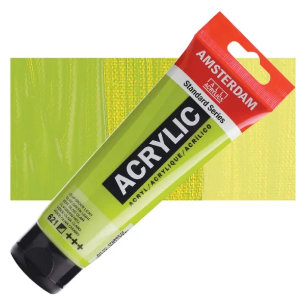 A single tube of Olive Green Light Amsterdam Acrylic Paint 120ml is shown diagonally across the center of the frame. The tube is made of a clear plastic and has a red band at the end of the tube with a hole so it can hang. The tube has a black, plastic flip top cap, that the bottle stands on. There is black text on the body of the tube describing the product colour and details. The colour of the paint can be seen through the tube. There is a rectangular colour swatch of the paint, behind the tube. The swatch shows the colour in different gradient's. The image is center of the frame and on a white background.