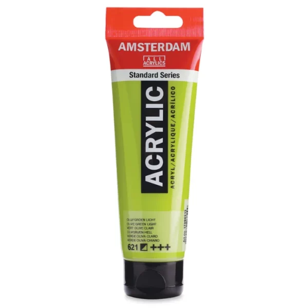 A single tube of Olive Green Light Amsterdam Acrylic Paint 120ml is standing vertically in the center of the frame. The tube is made of a clear plastic and has a red band at the end of the tube with a hole so it can hang. The tube has a black, plastic flip top cap, that the bottle stands on. There is black text on the body of the tube describing the product colour and details. The colour of the paint can be seen through the tube. On a white background.