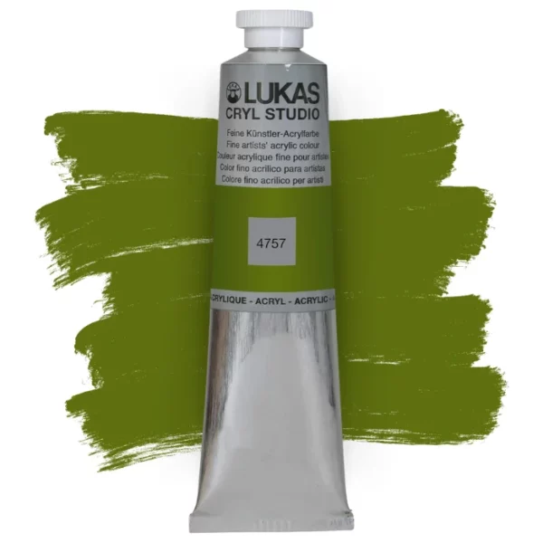 A single tube of Olive Green Lukas Cryl STUDIO Acrylics 75ml is shown in the center of the frame, standing vertically. The tube is silver and has a colour band around the body of the tube that denotes the colour of the paint inside. The Lukas name and logo is printed at the top of the tube and there is black text below the logo that describes the paint. The tube has a white plastic, screw on lid. There is a paint swatch in the background that indicates the colour of the paint inside the tube. The image is center of the frame and on a white background.