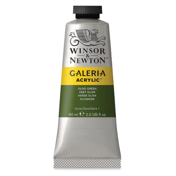 A single tube of Olive Green Winsor and Newton Galeria Acrylic Paint 60ml is shown in the center of the frame, standing vertically. The tube is a silver colour and has a black, screw on, plastic lid. The Winsor and Newton logo is printed at the top of the tube and there is a yellow band across the tube, under the logo, with the words, 'Galeria Acrylic'. There is a band of colour below that which denotes the colour of the paint in the tube. There is text on this colour band, describing the colour and paint properties. The image is center of the frame and on a white background.