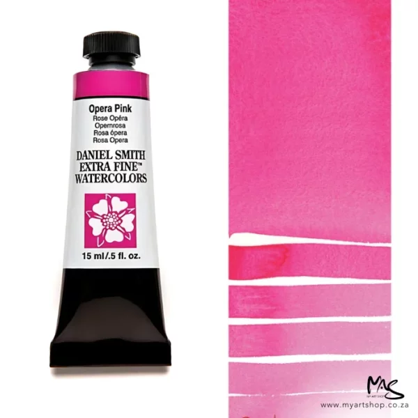 A tube of Opera Pink S1 Daniel Smith Watercolour Paint is shown in the frame, to the left hand side of the frame vertically. The tube has a black plastic cap and a black base. The center of the tube is white and there is a colour band at the top of the tube, below the cap, that indicates the colour of the paint. There is black text on the front of the tube with the brand name and logo. To the right of the tube is a colour swatch which was made using the paint. In the colour swatch, you can see the paint undiluted and in a diluted form. The image is on a white background and is center of the frame.