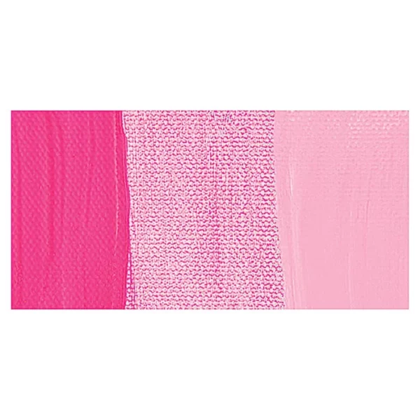 A rectangular colour swatch of Opera Rose Winsor and Newton Galeria Acrylic Paint is shown across the center of the frame. The colour swatch shows the tube colour in three gradients from left to right. On a white background.